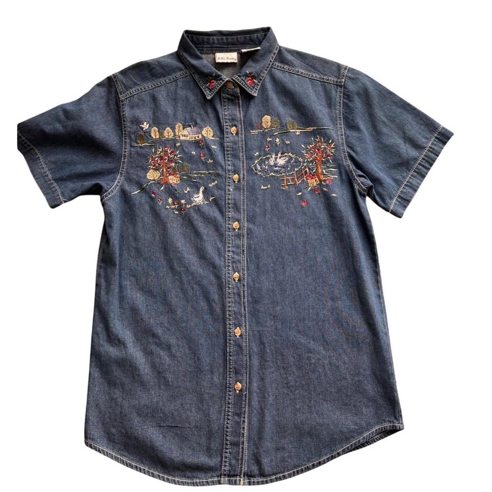 Cottage Core Bobbie Brooks Denim Shirt S Short Sleeve Embroidered  100% Cotton